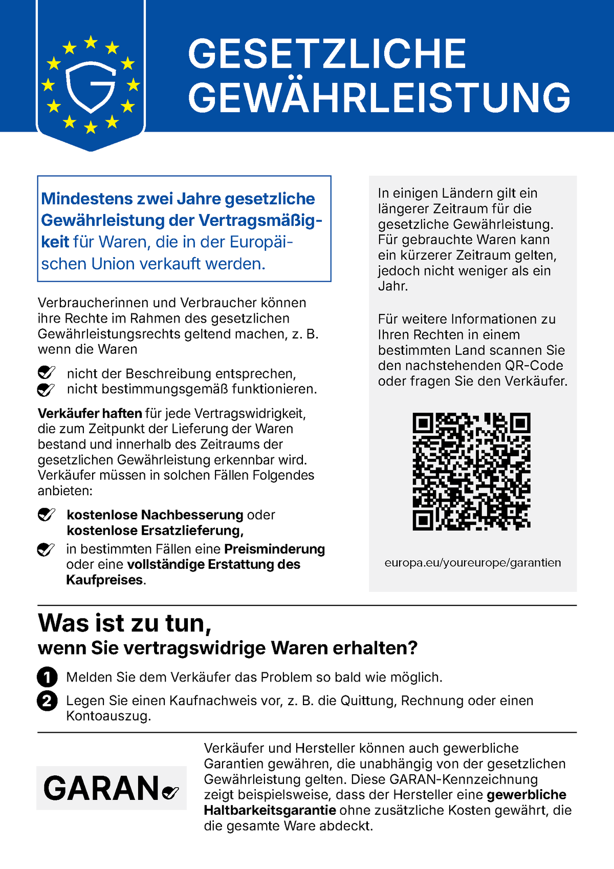 Offizieller EU-Hinweis zur gesetzlichen Gewährleistung: mindestens zwei Jahre
