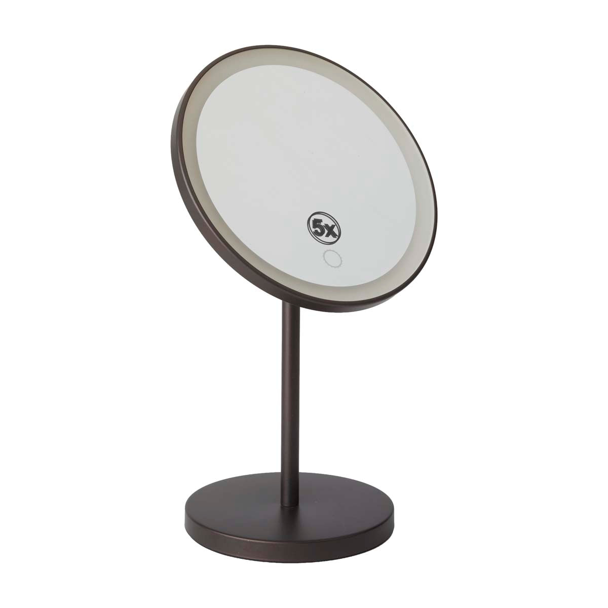 Aquanova ARLO LED-Kosmetikspiegel Pecan mit dunkelbraunem Metallgestell, rundem Standfuß, umlaufender LED-Beleuchtung und Touchsensor.