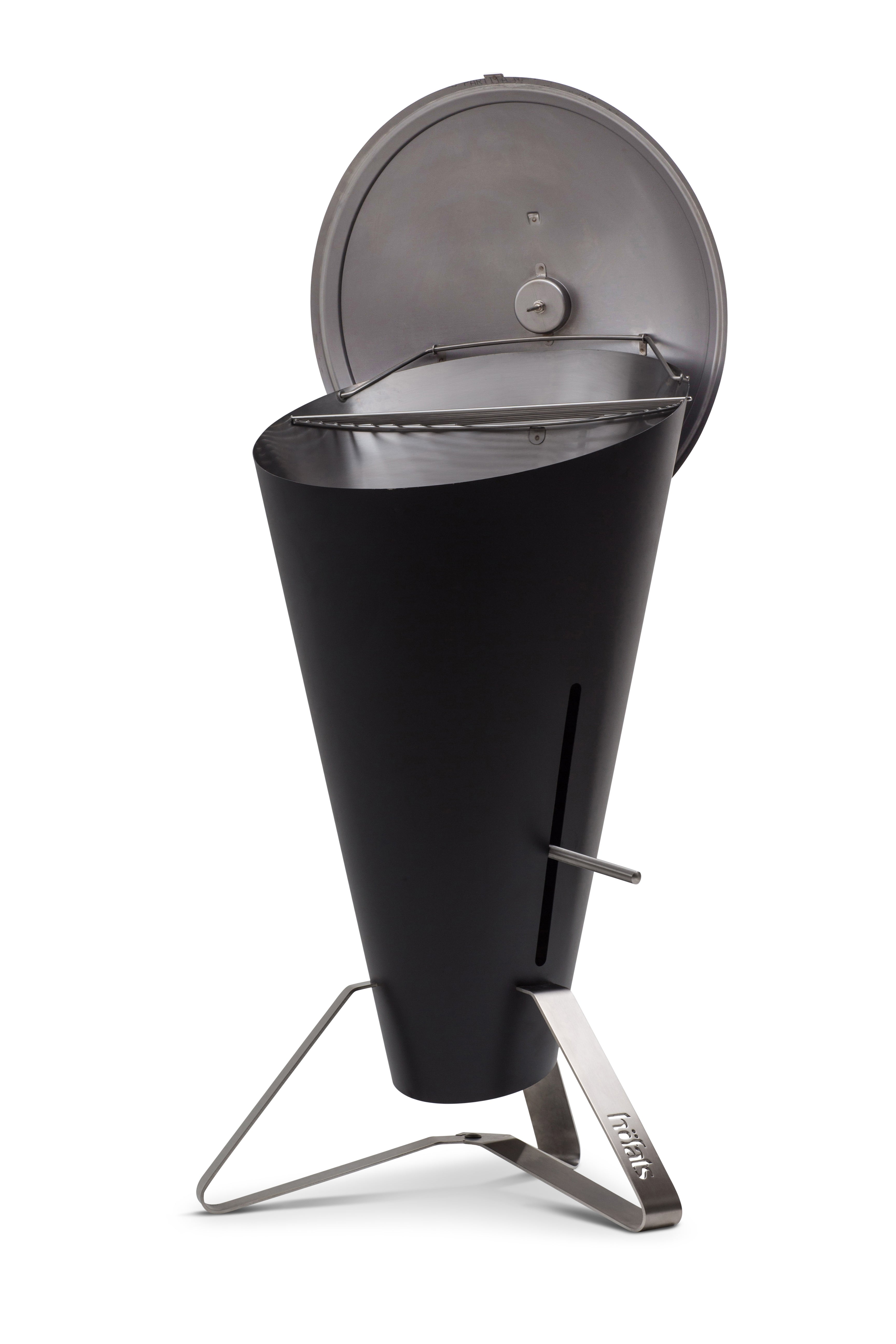 Höfats Cone Holzkohlegrill offen mit Grillrost moderner Design Grill  aus Edelstahl